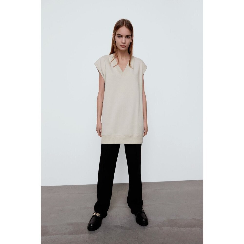 NWT Zara ecru, beige cotton blend long line sleeveless sweatshirt top, M